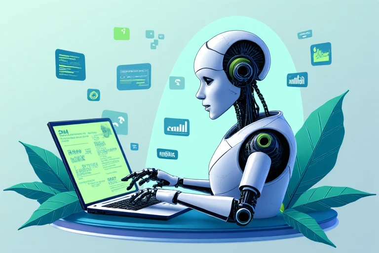Illustration of AI writing SEO articles, modern, vibrant, with digital elements