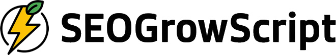 SEOGrowScript logo, modern, blue and green gradient, SEO article assistant